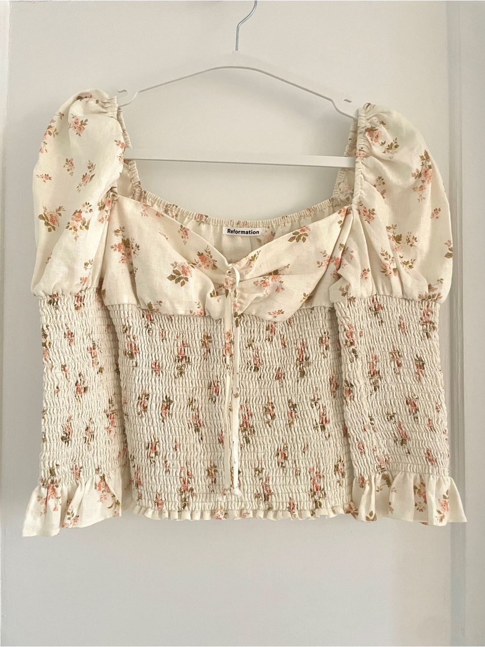Reformation Haven Cream Floral Smocked Puff-Sleeve Top with Tie Front Crop Linen